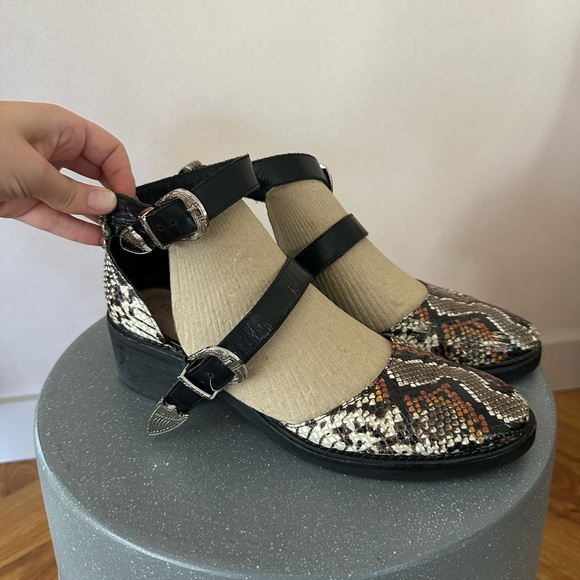 Black and Brown Snakeskin Print Flats with Buckle Straps - Picture 2 of 6